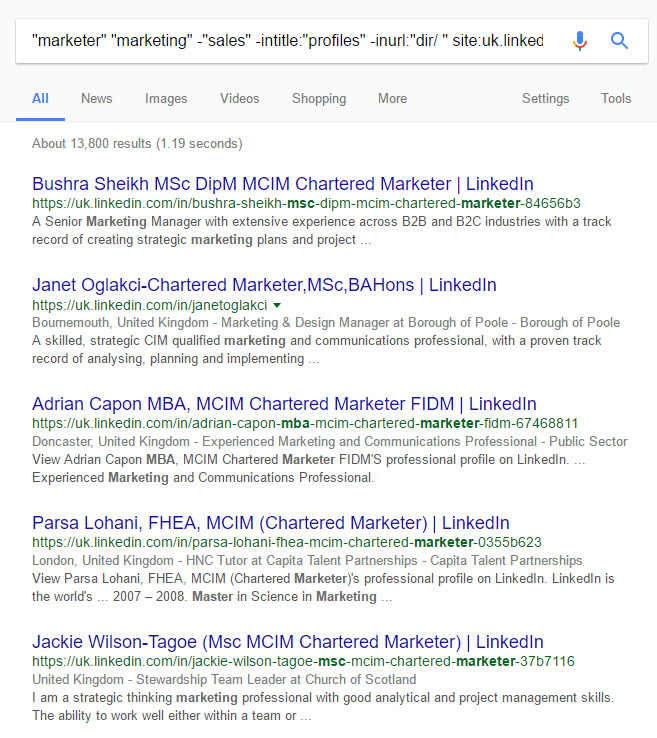 Google results page using Recrutin for Linkedin